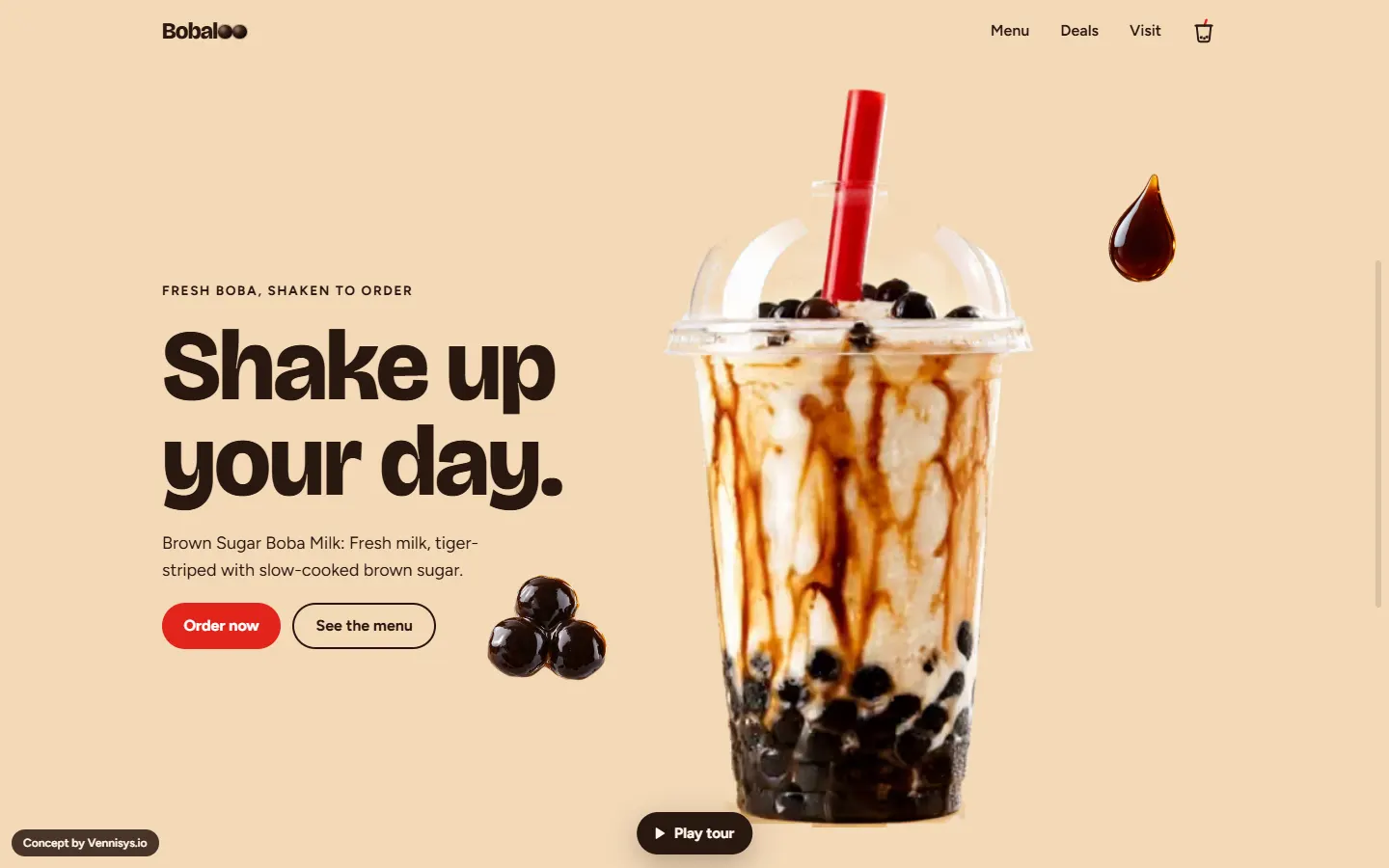 Bobaloo hero — brown sugar boba milk on a sand-coloured page