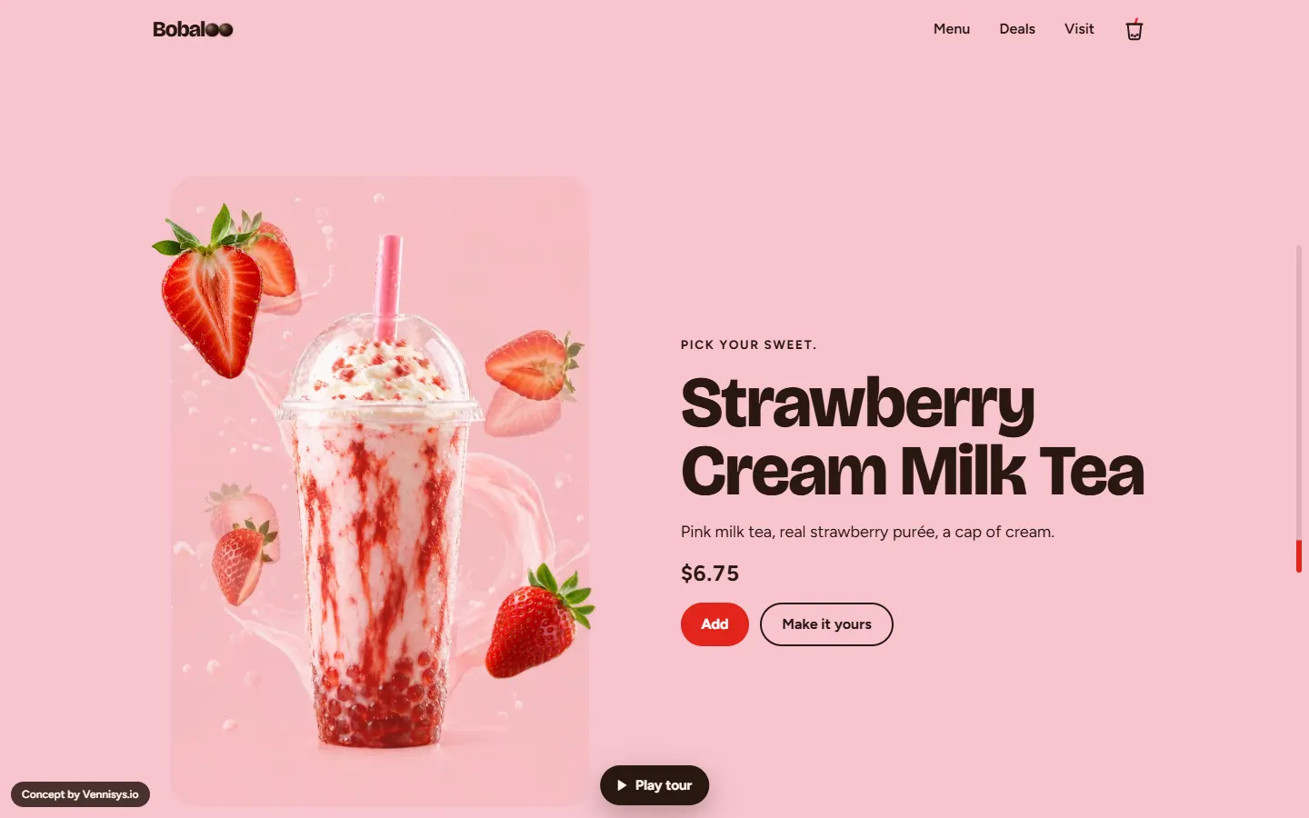 Bobaloo strawberry cream milk tea section on a pink page