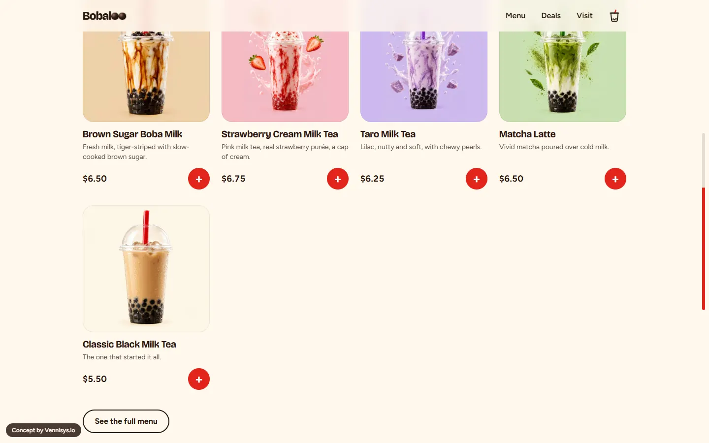 Bobaloo menu grid with drinks, prices and add buttons