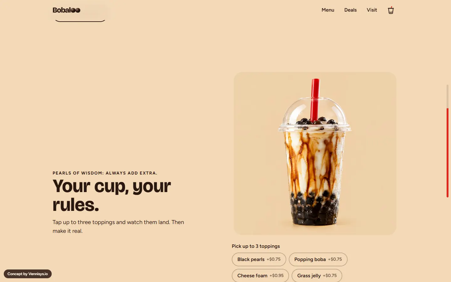 Bobaloo toppings builder with a drink and topping options