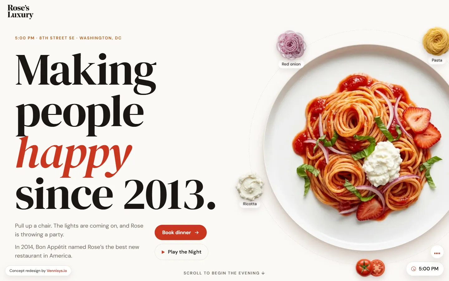 Rose’s Luxury concept — hero with a plated pasta dish and floating ingredients