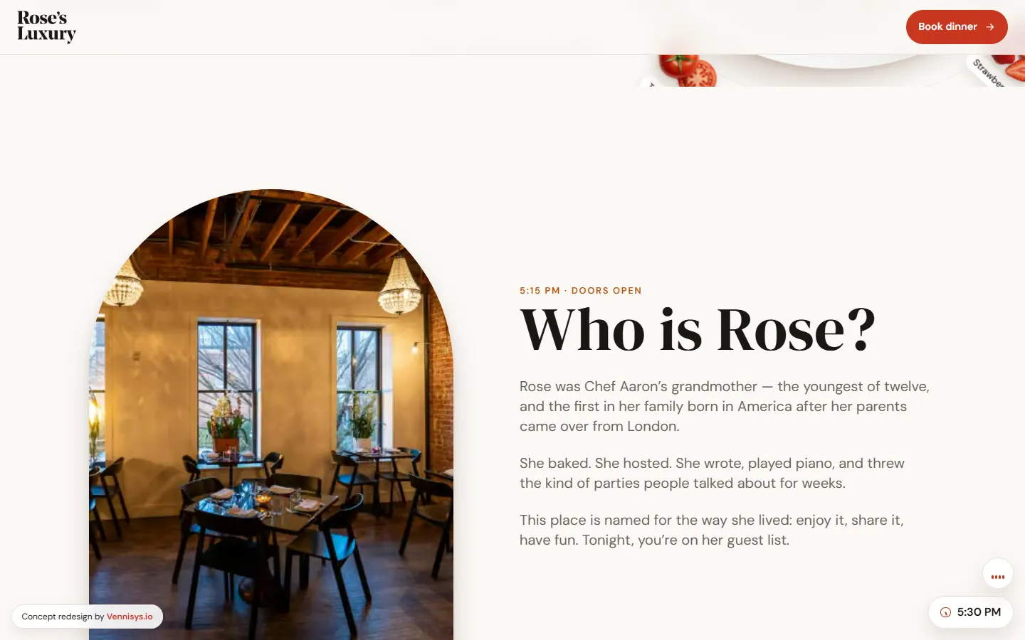 Rose’s Luxury concept — the story of Rose beside a photo of the dining room