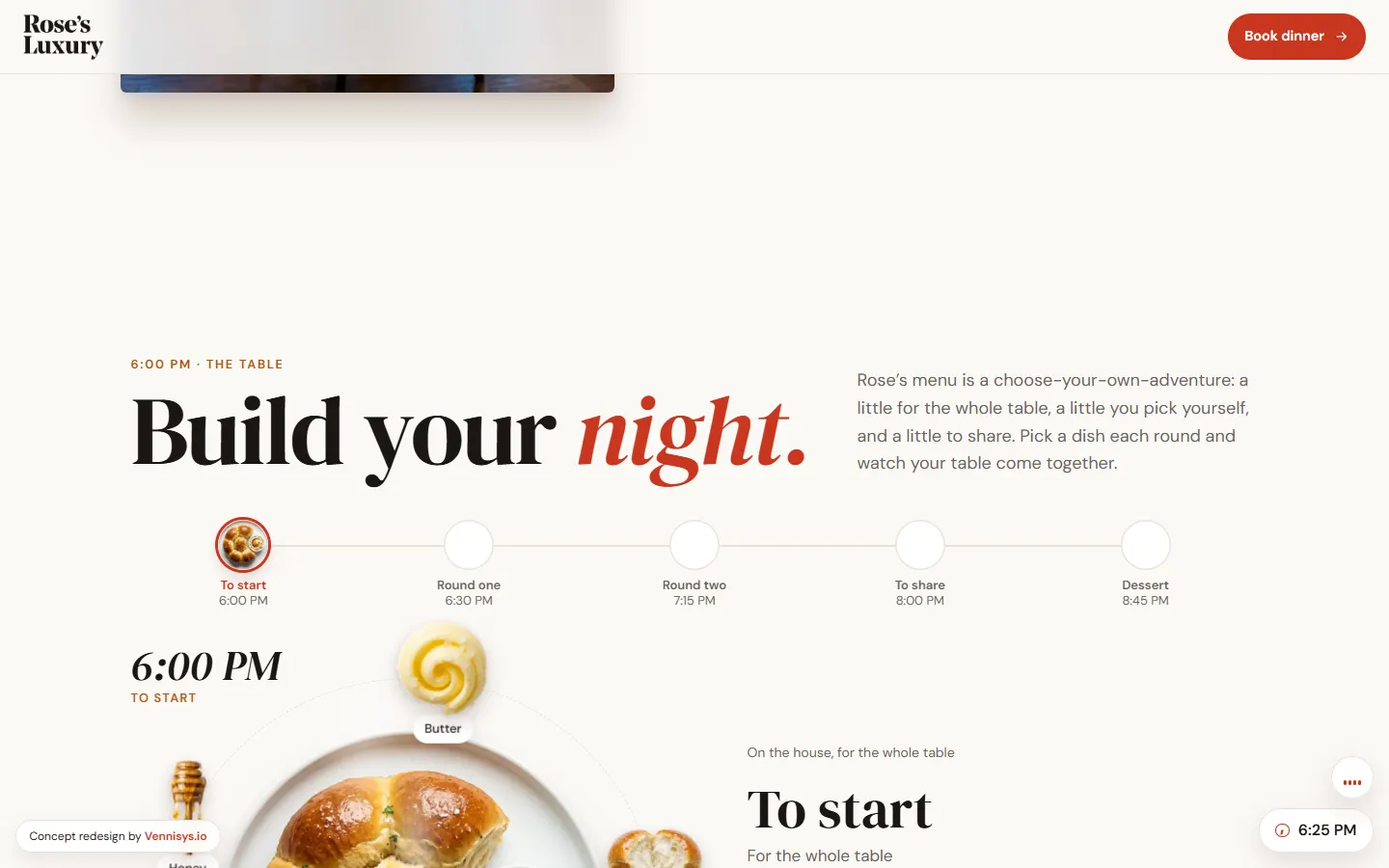Rose’s Luxury concept — interactive build-your-night menu timeline