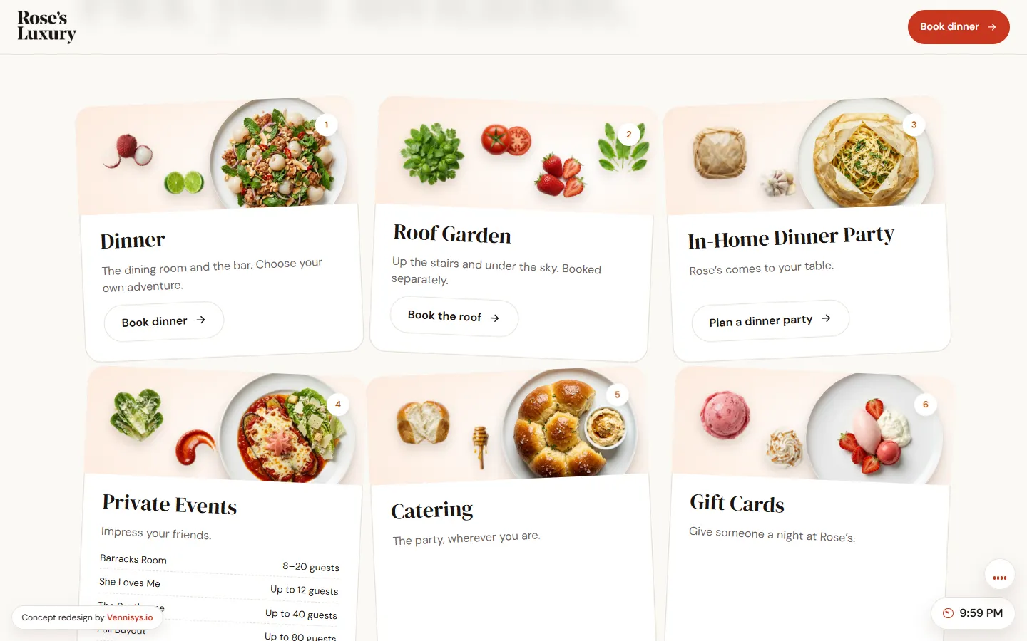 Rose’s Luxury concept — grid of booking options from dinner to gift cards