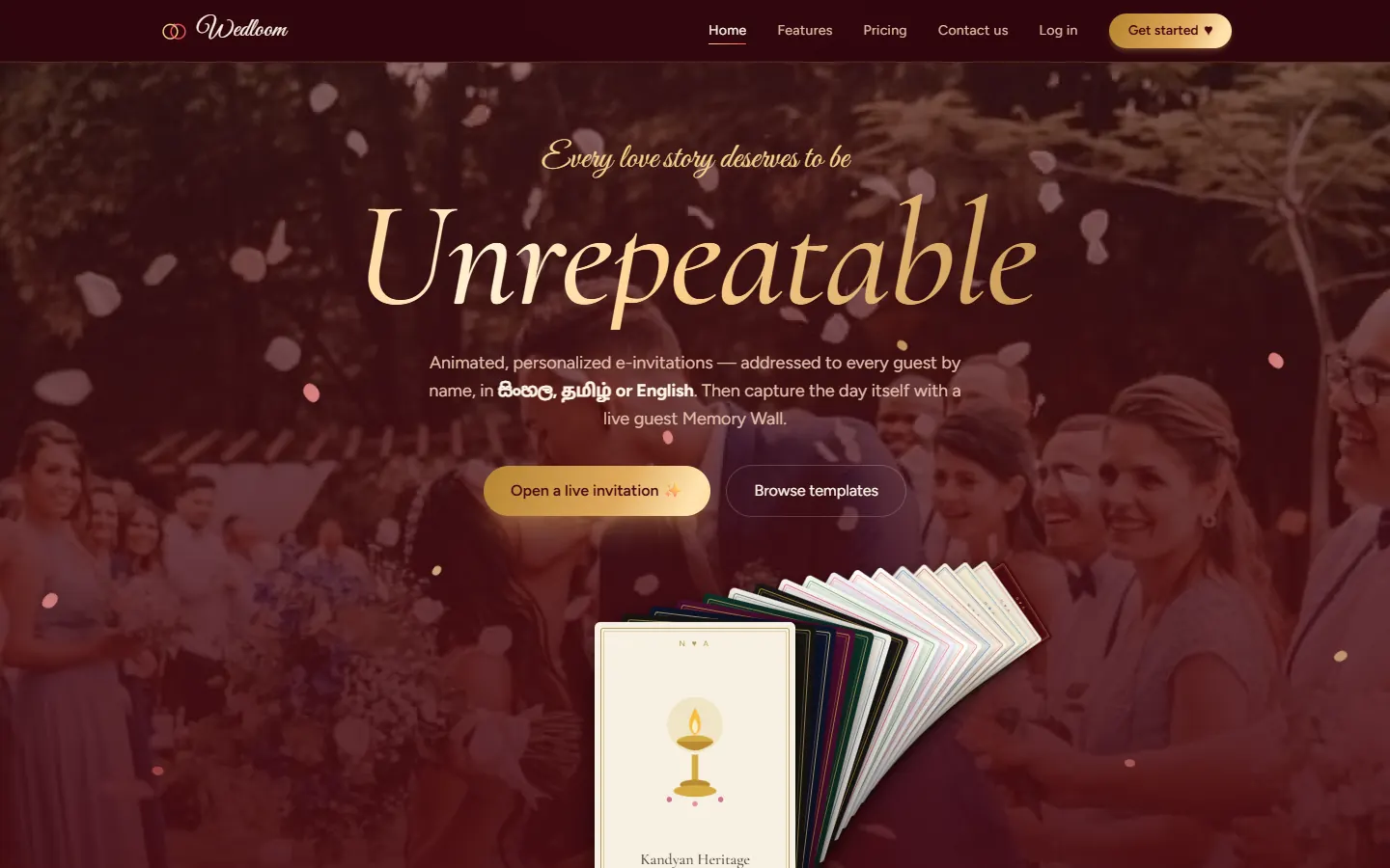 Wedloom home page — 'Every love story deserves to be Unrepeatable' over a wedding photo, with a fanned deck of invitation templates