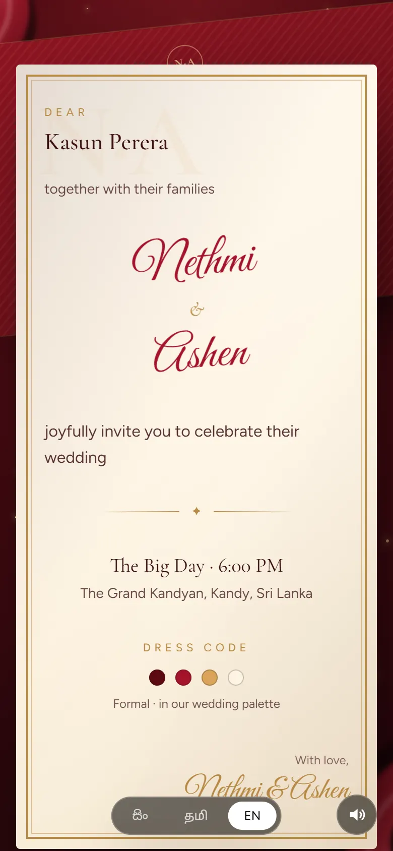 Sealed Envelope invitation card in English addressed to Dear Kasun Perera