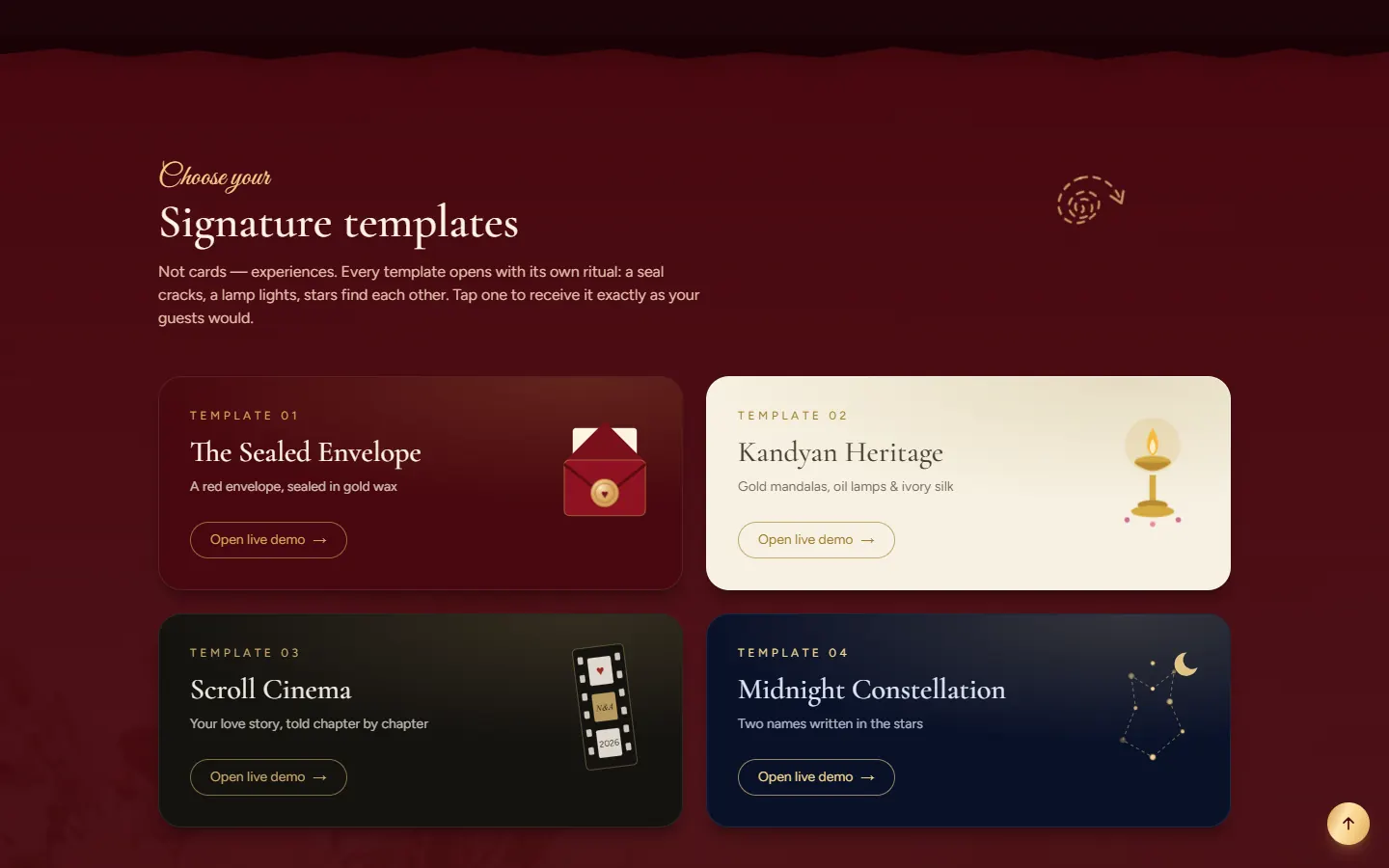 Signature templates grid — Sealed Envelope, Kandyan Heritage, Scroll Cinema, Midnight Constellation
