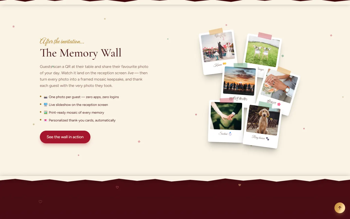 The Memory Wall section — guest photos pinned like polaroids